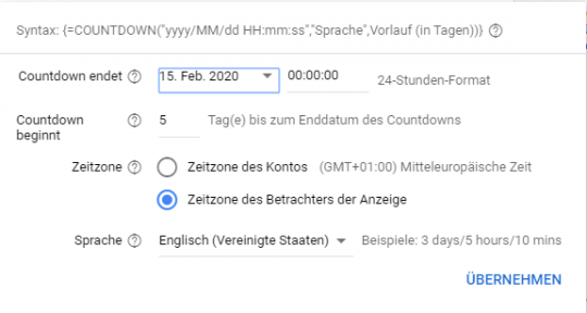 Countdown Funktion bei Google Ads
