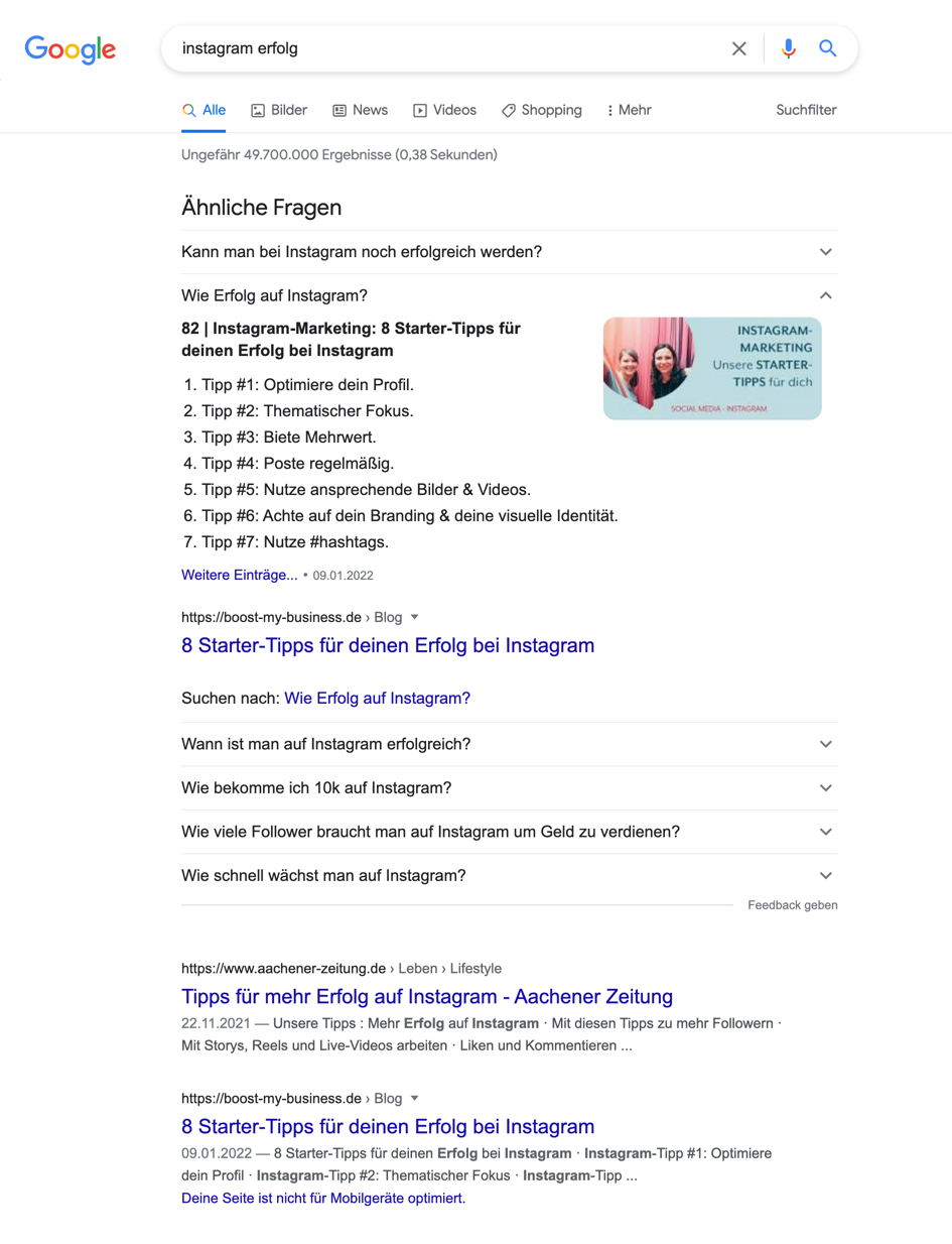 Featured Snippet Instagram Erfolg