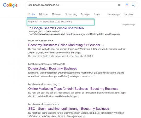 Siteabfrage Google von Boost my Business