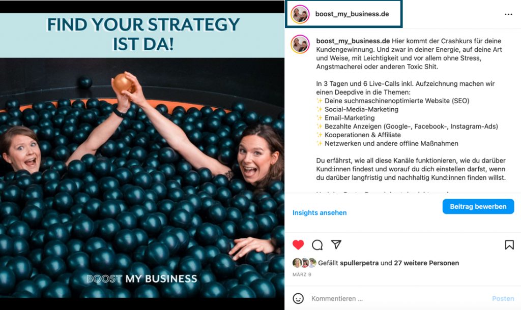 Benutzername im Instagram-Unternehmensprofil am Beispiel von Boost my Business